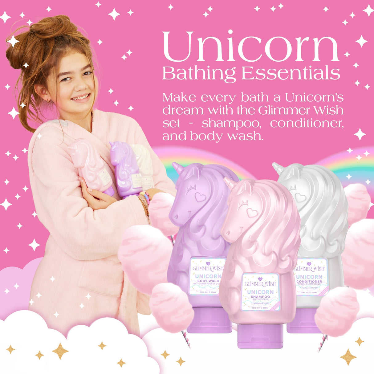 Unicorn-themed bathing essentials with a child holding plush toys against a pink background