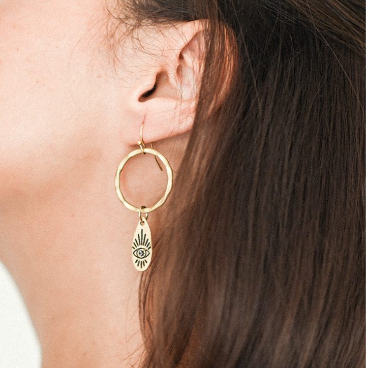 Ruchi Evil Eye Charm Gold Hoop Earrings by Matr Boomie - Sumiye Co