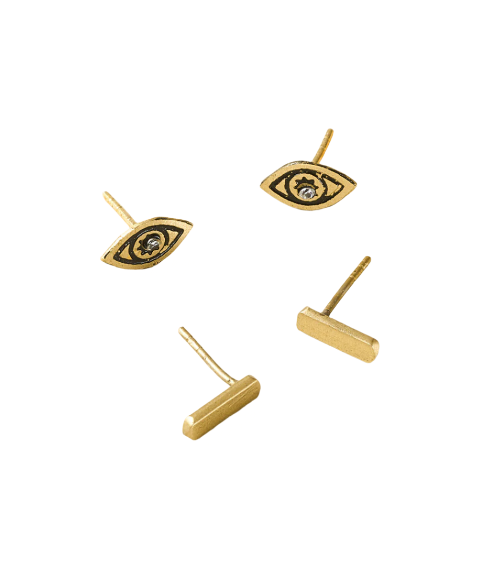 Ruchi Evil Eye Tiny Bar Gold Stud Earrings Set of 2 by Matr Boomie - Sumiye Co