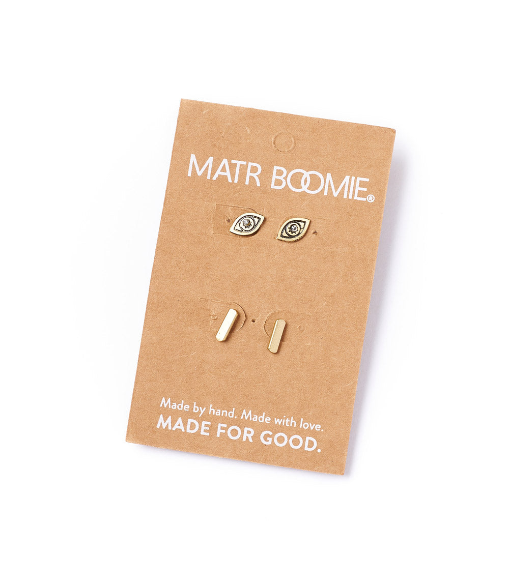 Ruchi Evil Eye Tiny Bar Gold Stud Earrings Set of 2 by Matr Boomie - Sumiye Co