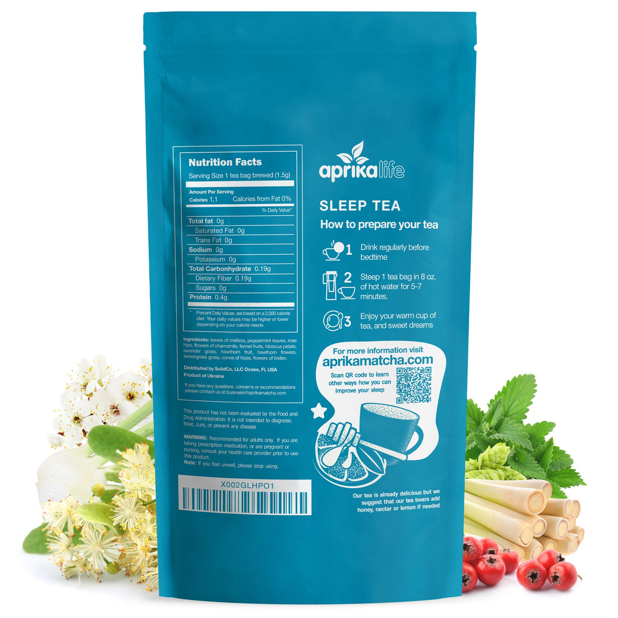 Blue package of aprika life Sleep Tea with nutritional information and preparation instructions.