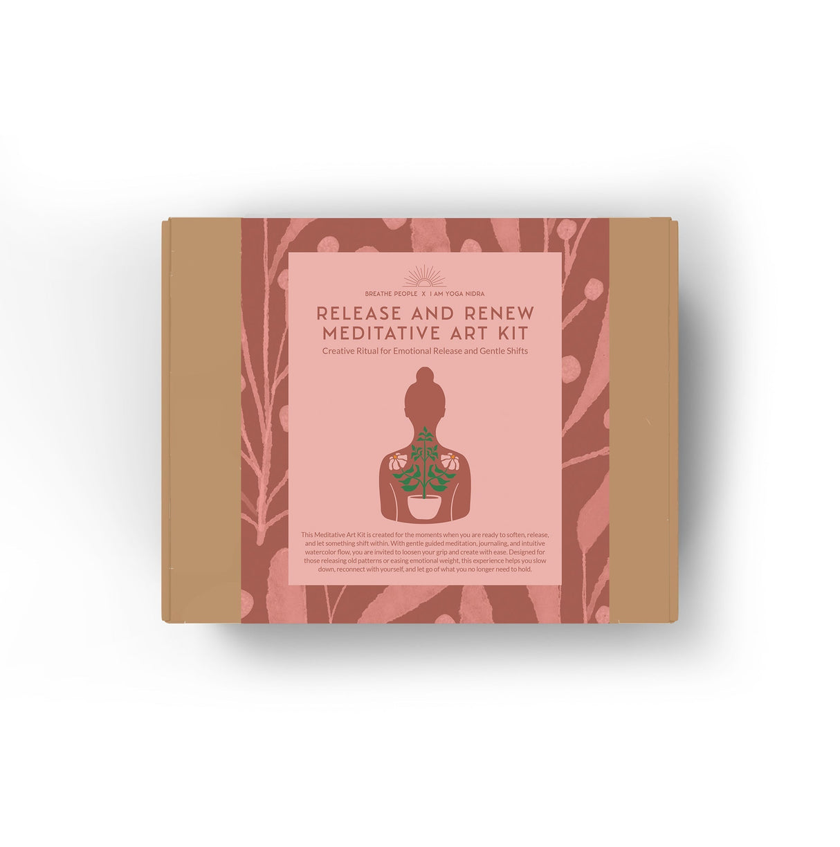 Meditative art kit packaging with a silhouette of a person holding a plant on a white background