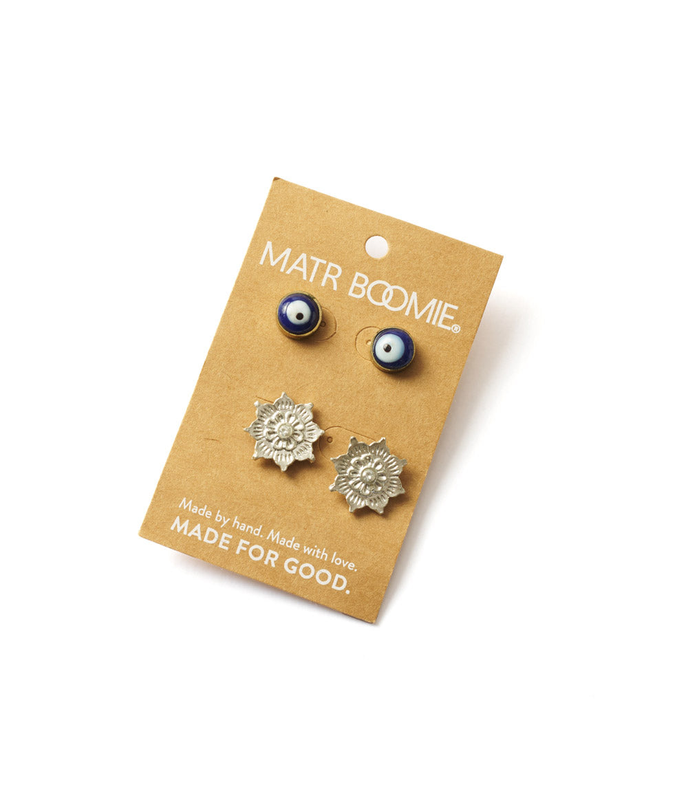 Drishti Evil Eye Charm Stud Earrings - Set of 2 by Matr Boomie - Sumiye Co