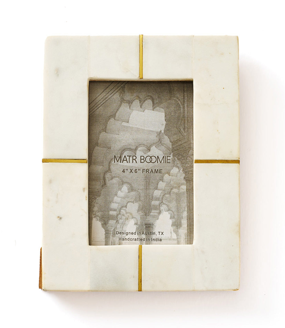 Sammita 4x6 White Picture Frame - Carved Marble Brass Inlay by Matr Boomie - Sumiye Co