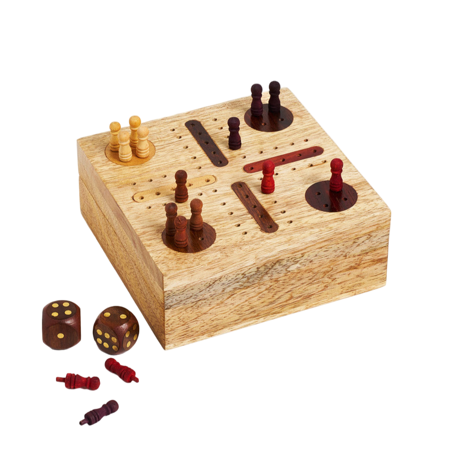 Wooden game board with pieces and dice on a white background