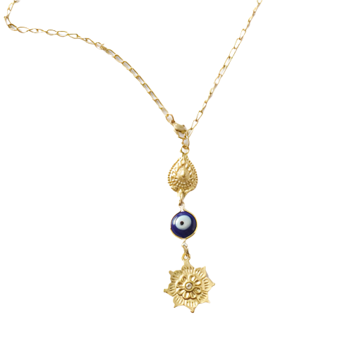 Gold necklace with blue evil eye pendant on a white background