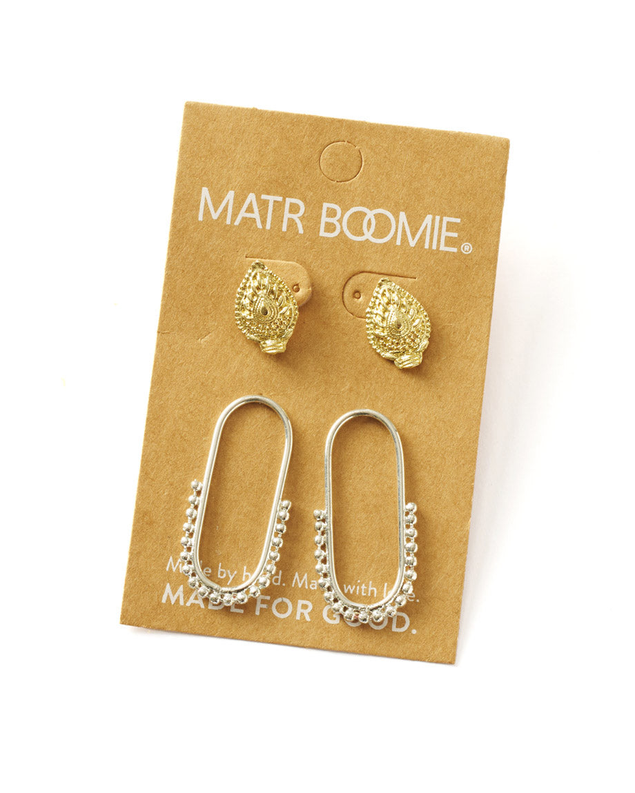 Bhavani Hoop & Shield Stud Earrings - Set of 2 by Matr Boomie - Sumiye Co