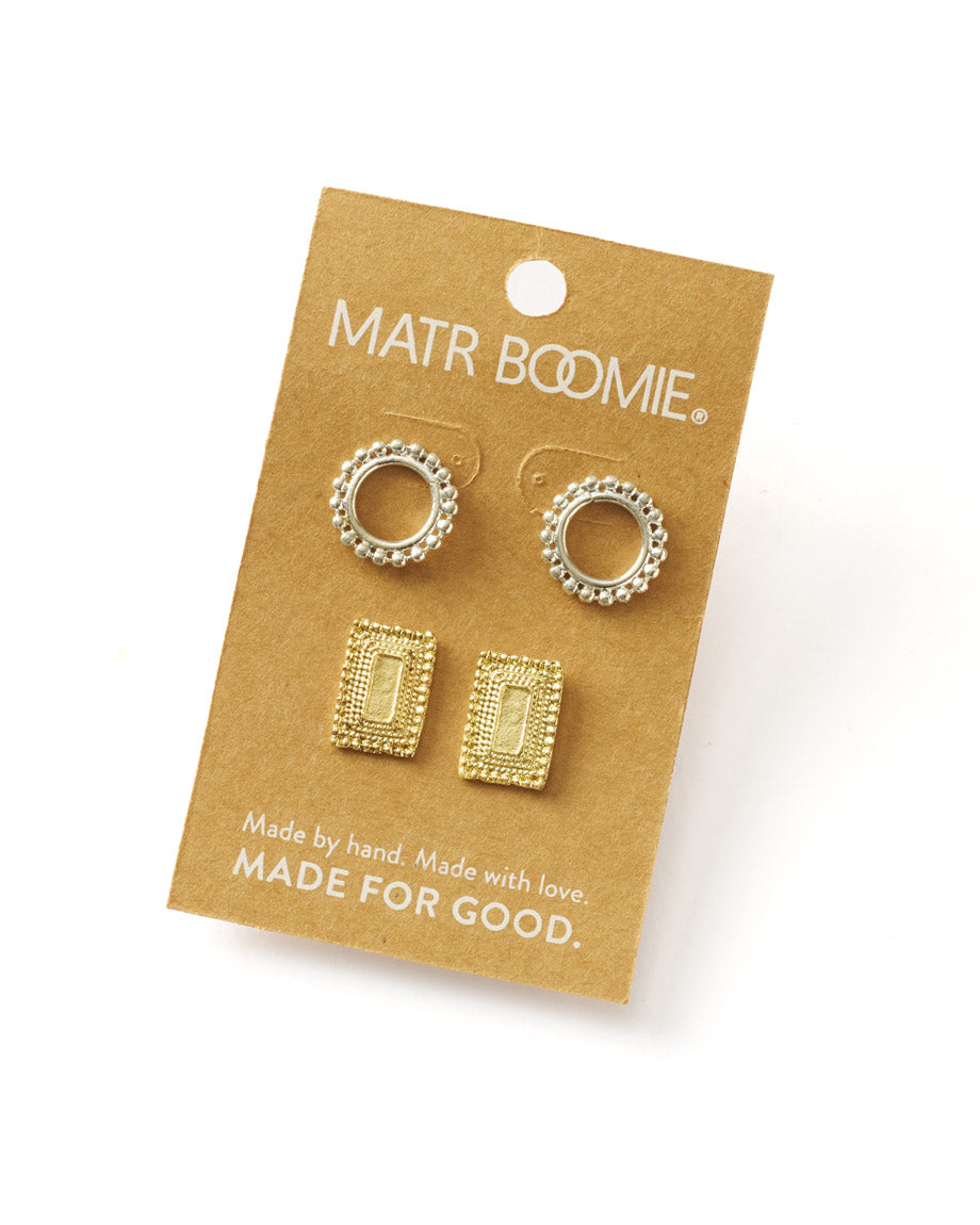 Gold earrings on a 'Matr Boomie' branded card with text on a white background