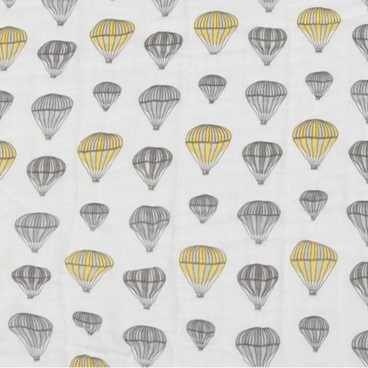 Pattern of yellow and gray hot air balloons on a white background