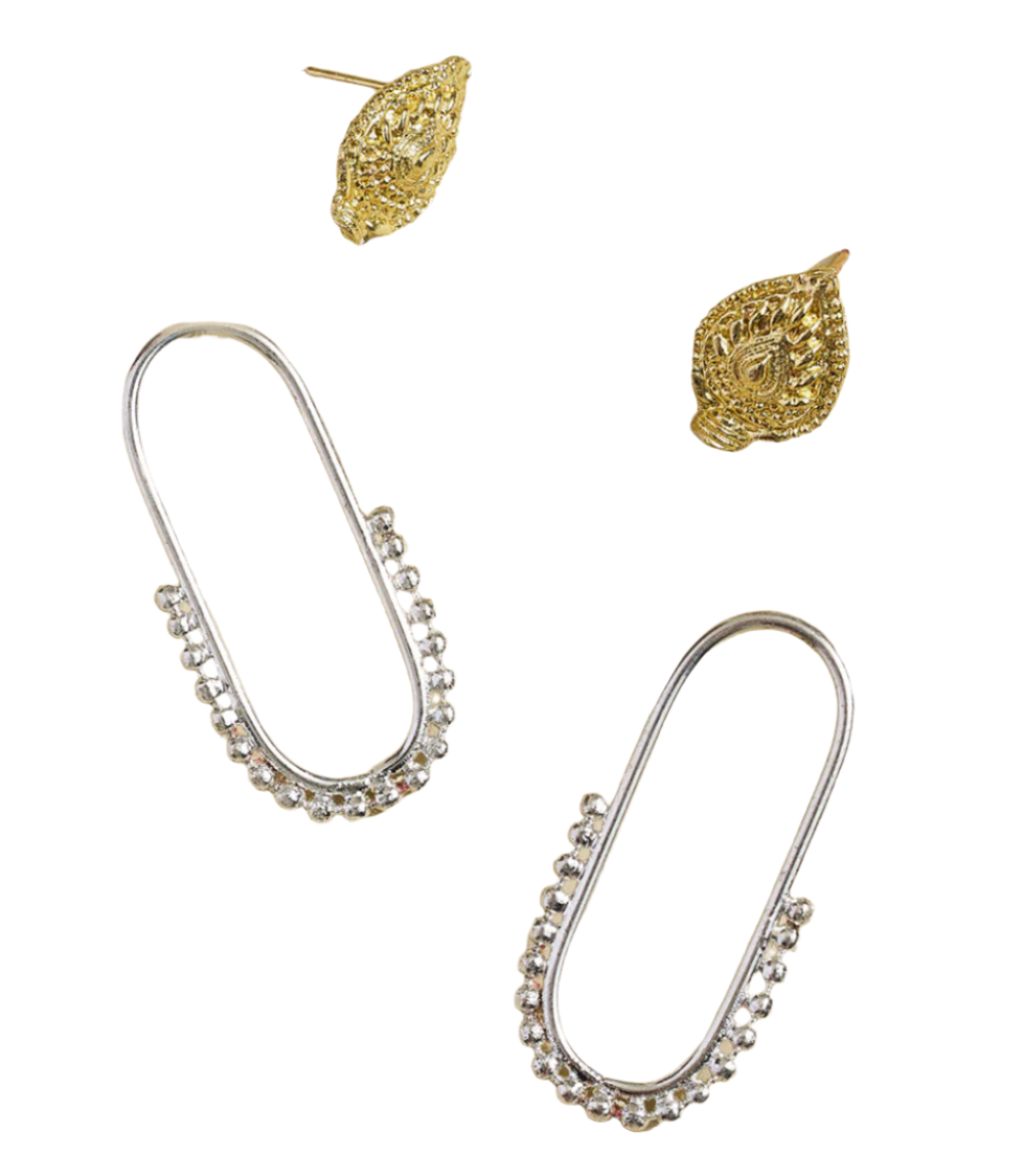 Two pairs of earrings, one gold and one silver, on a white background.