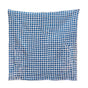 Blue and white checkered quilt on a white background