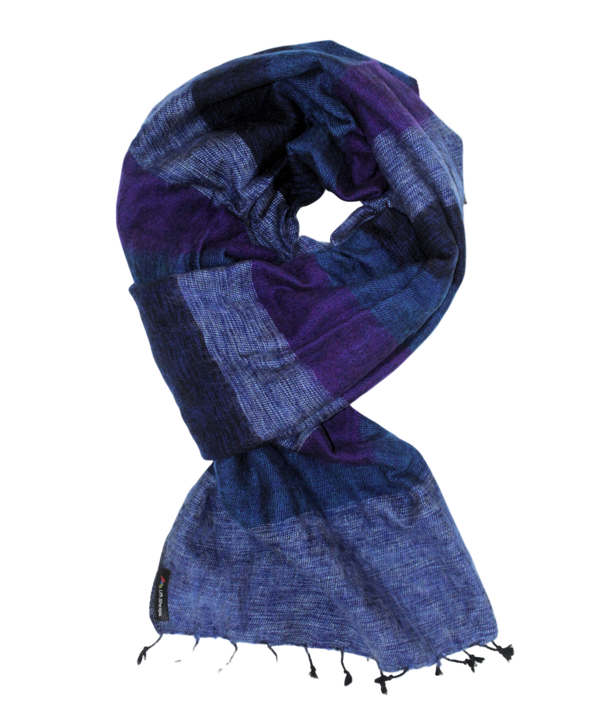 Blue and purple patterned scarf with tassels on a white background