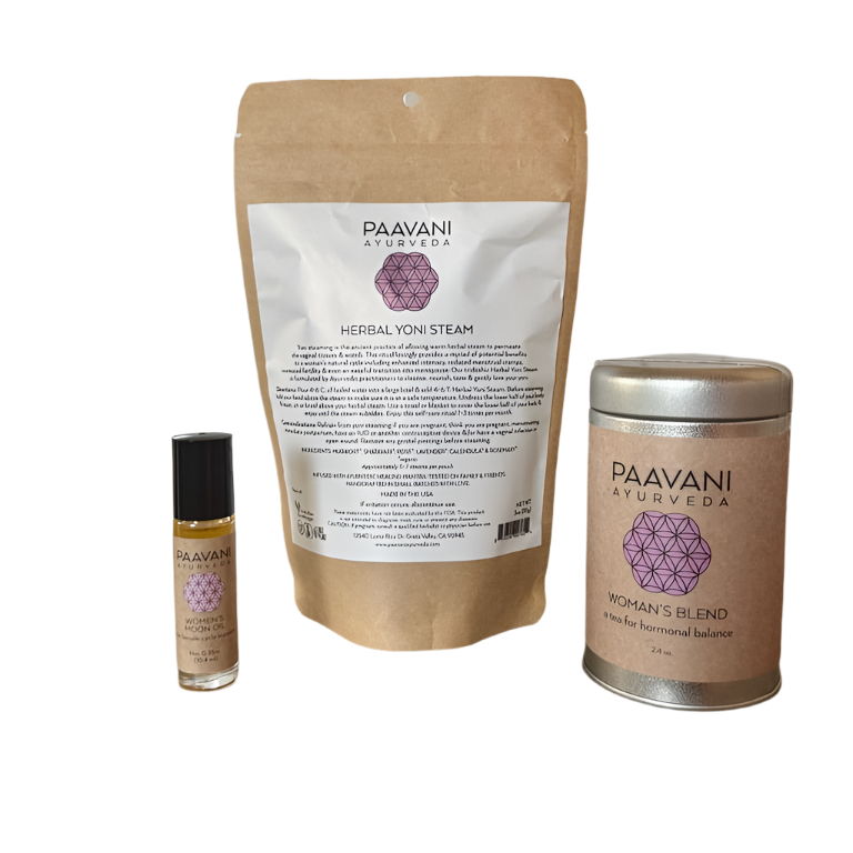 Paavani Ayurveda products including a bottle, pouch, and can on a white background