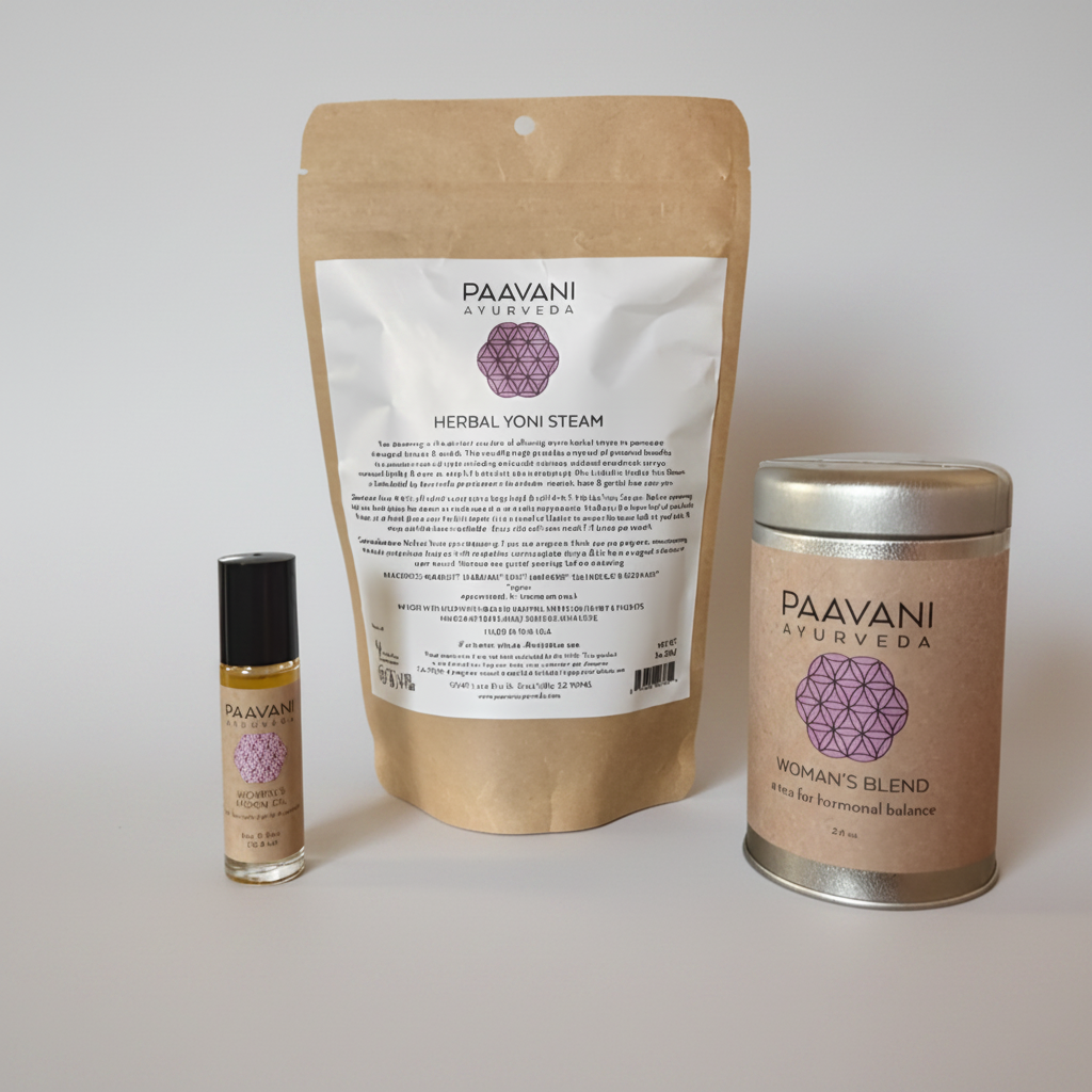 Paavani Ayurveda products including a bottle, pouch, and can on a white background