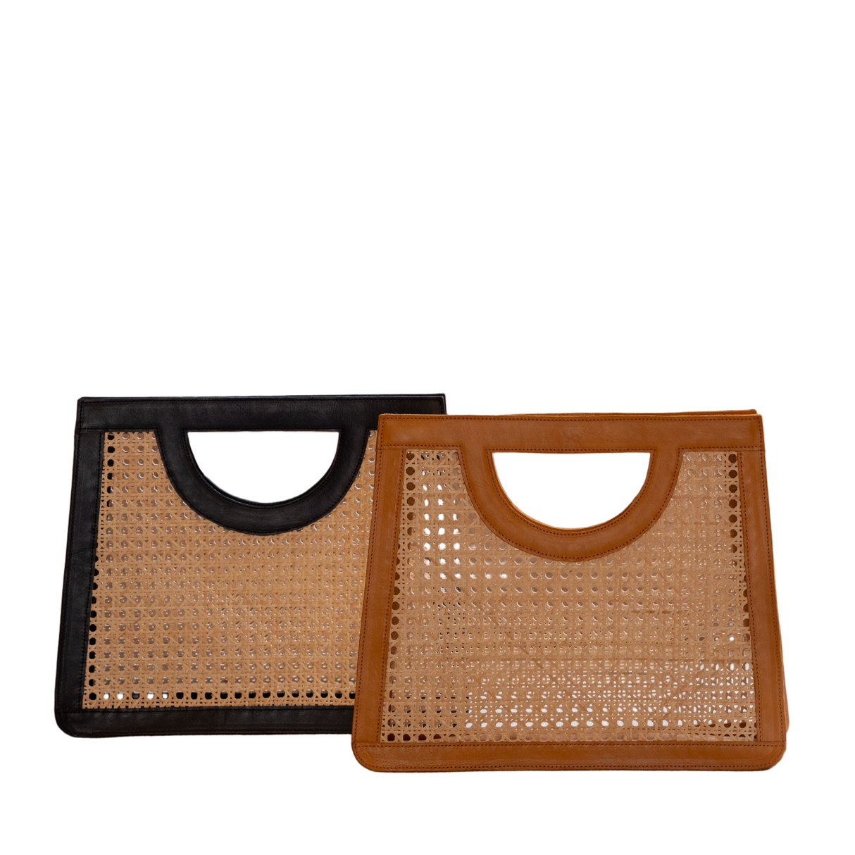 Two woven handbags, one black and one brown, on a white background