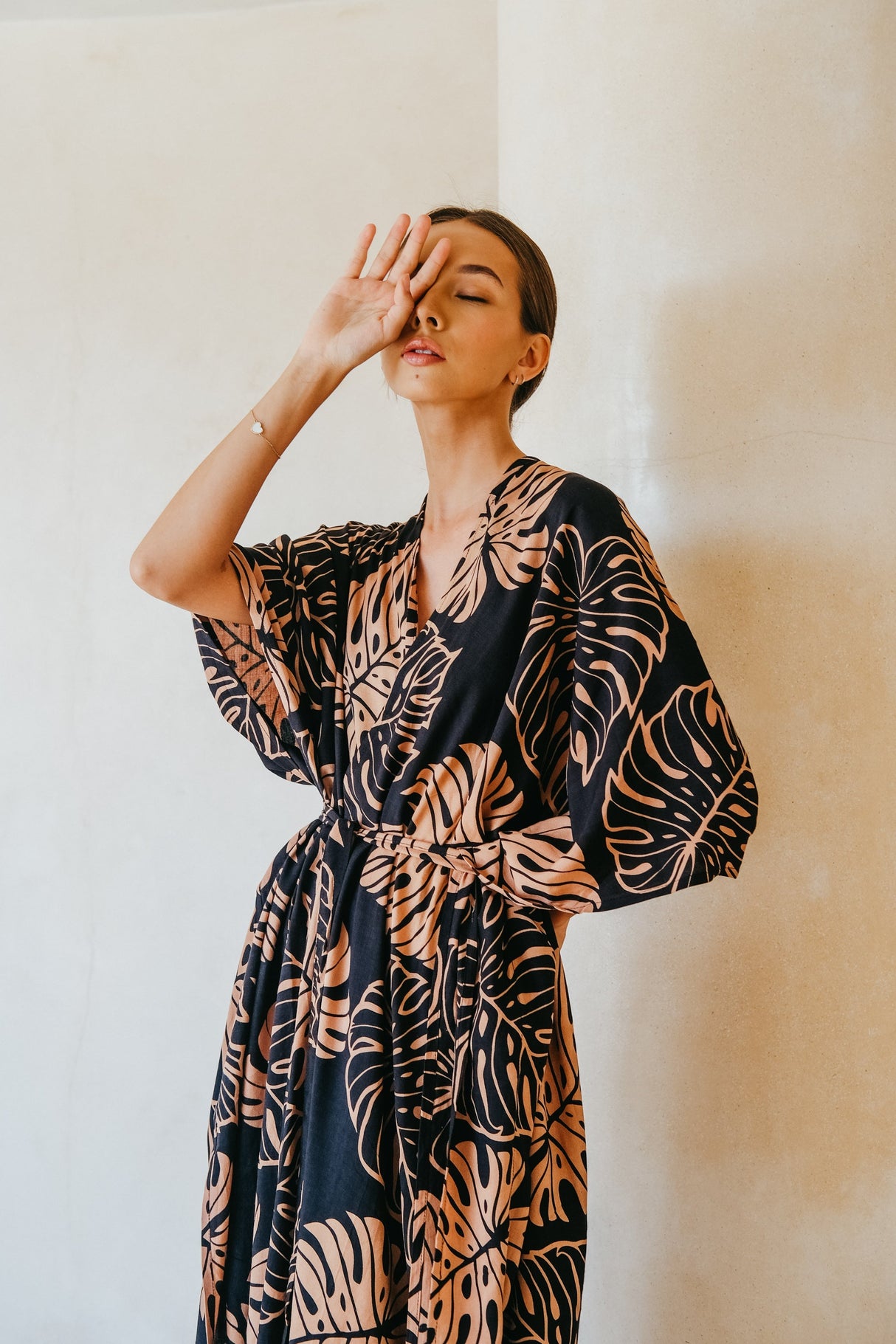 Tropical Palm Leaf Kimono in Black - Sumiye Co