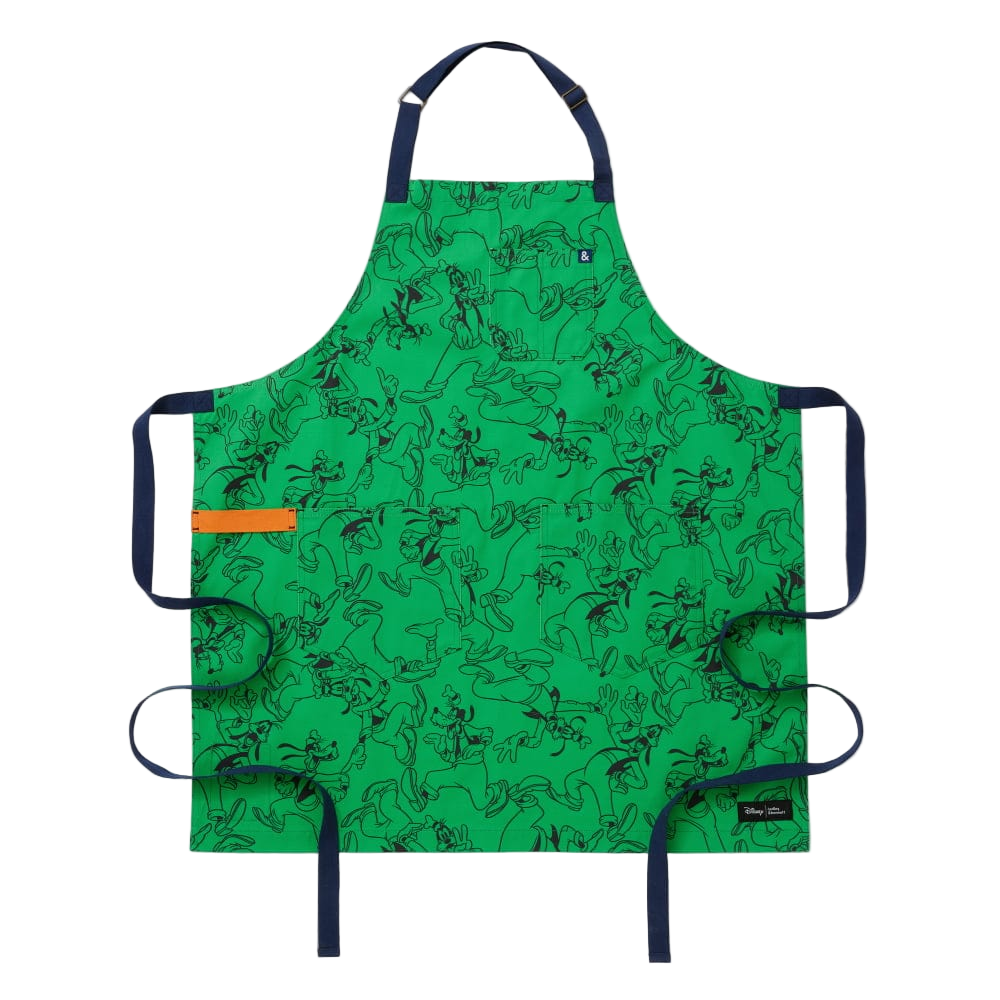 Green apron with black Goofy pattern on a white background