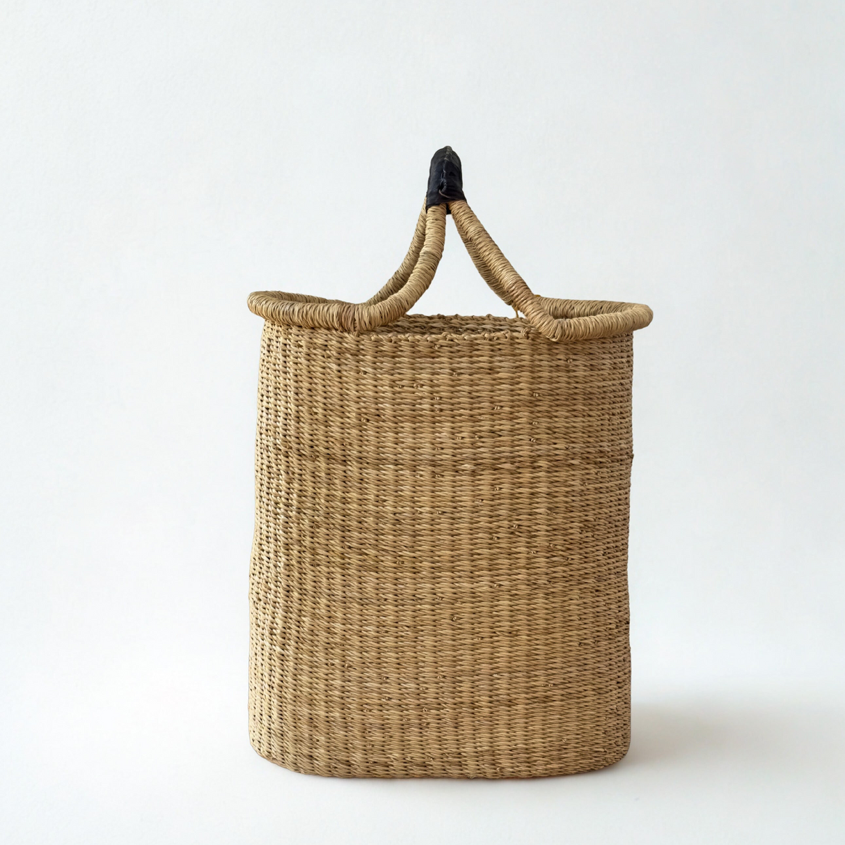 Handwoven Double Weave Pot Basket with Black Leather Handle