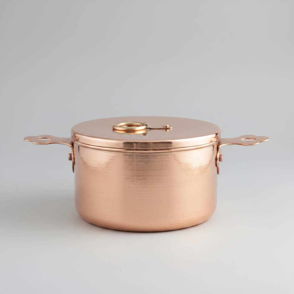 Copper pot with lid on a white background
