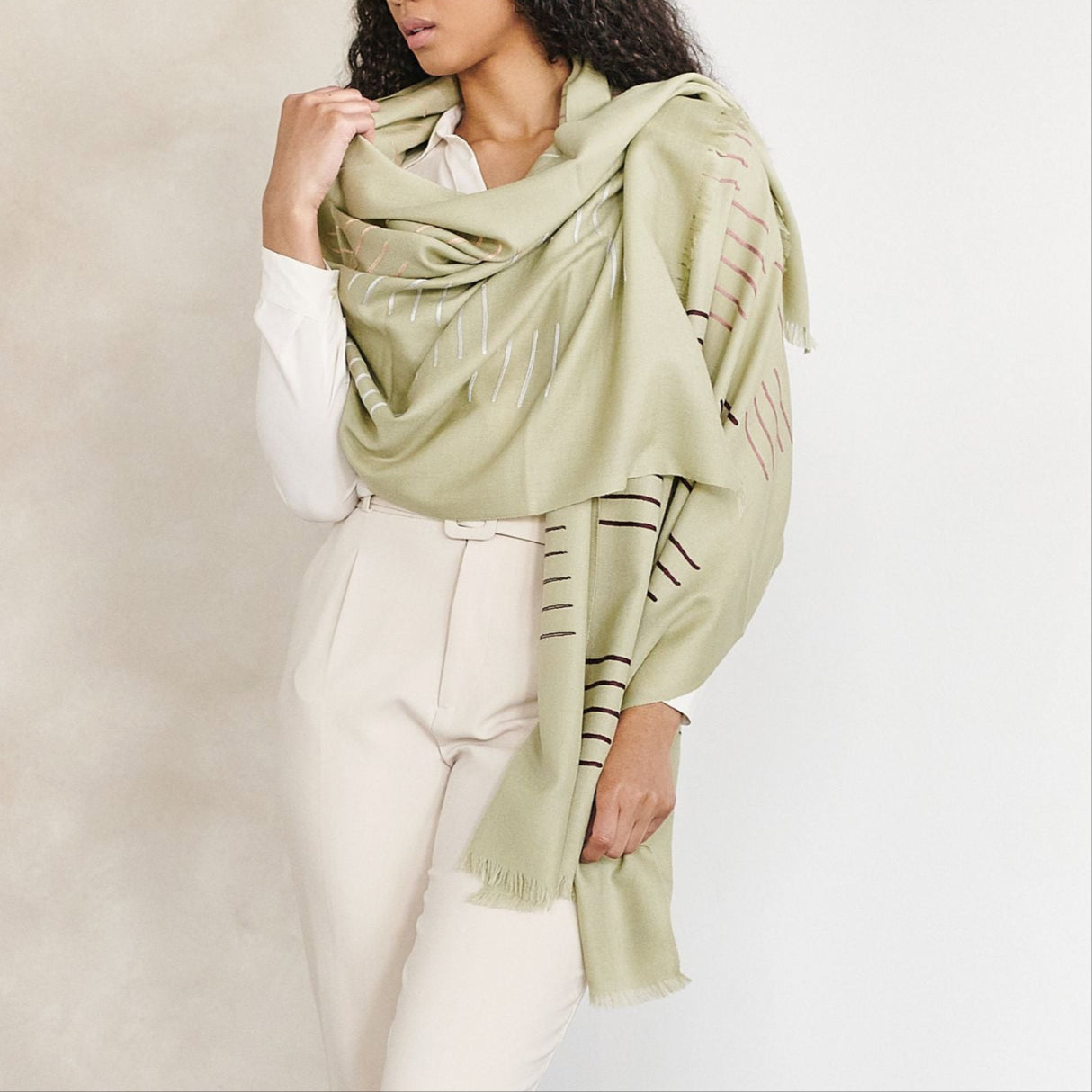 Sea Salt Pastel Green Hand Woven Hand Embroidered Silk Merino Classic Scarf - Sumiye Co