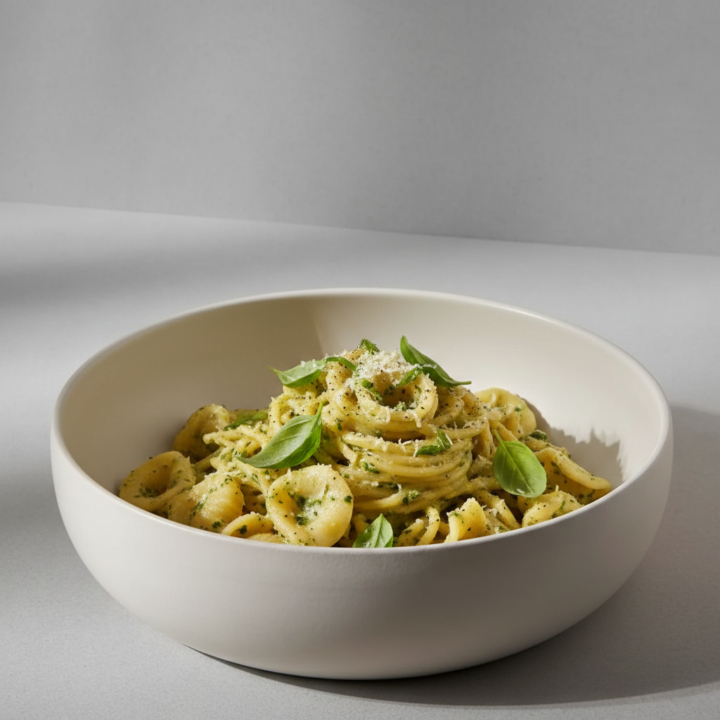 White bowl of pasta with green herbs on a gray background