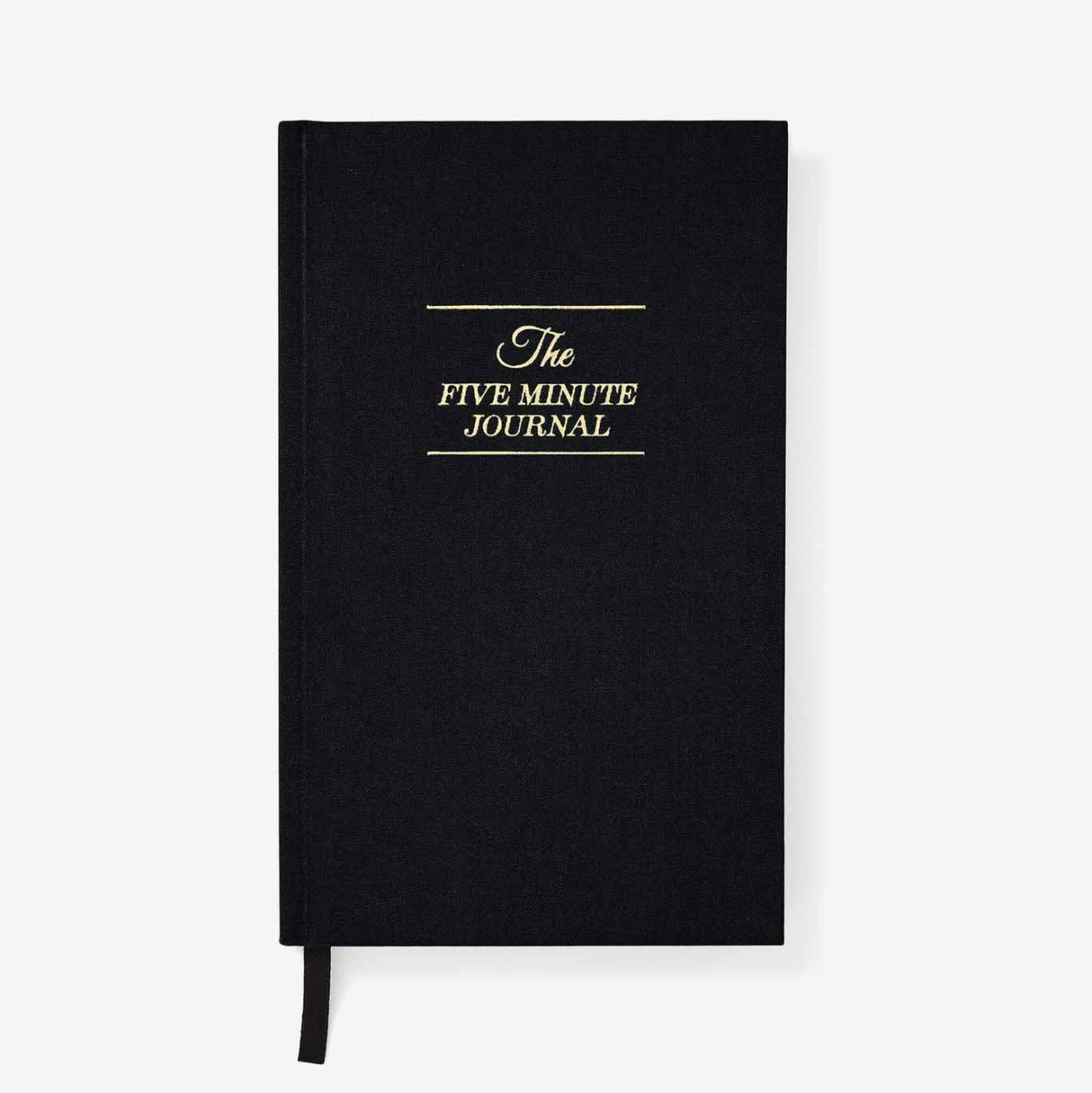 Black journal with 'The Five Minute Journal' text on a white background