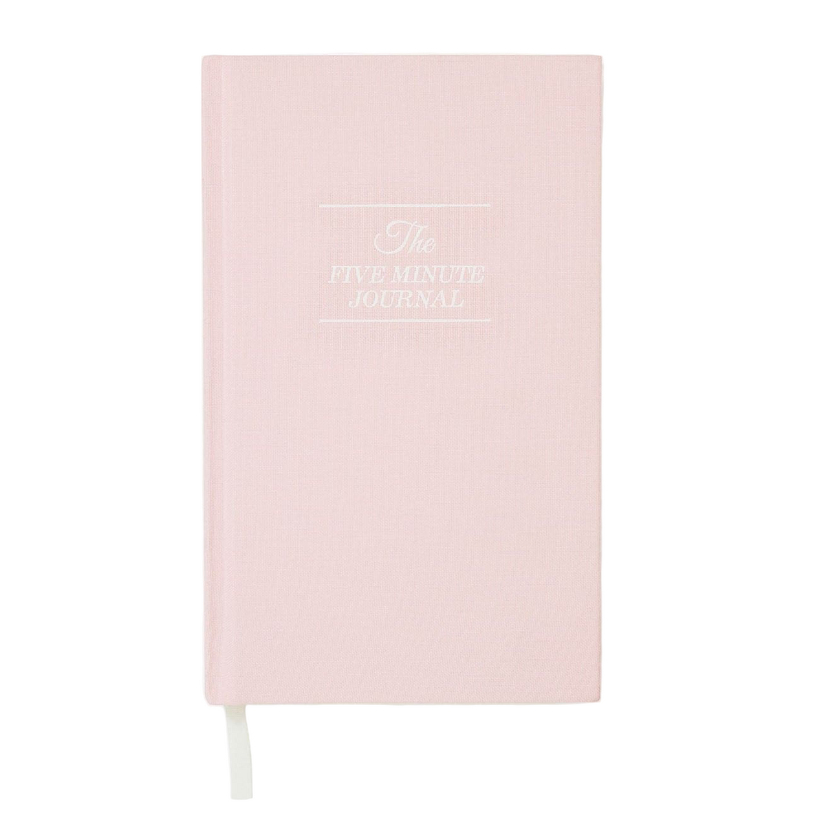 Pink journal with 'The Five Minute Journal' text on a white background