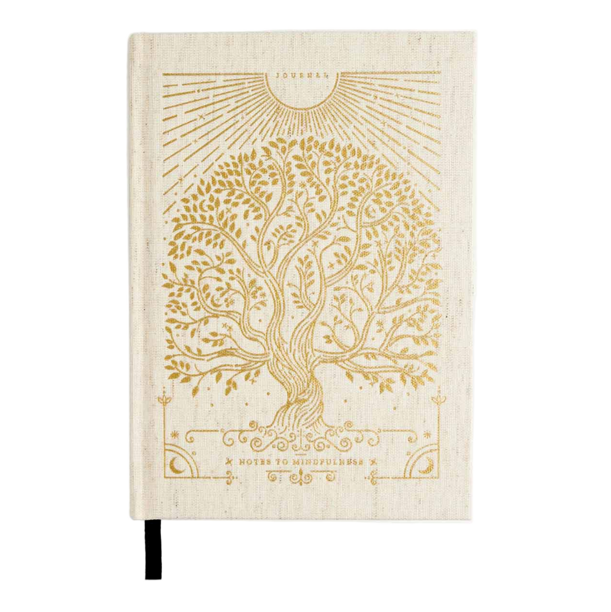 Beige notebook with a gold tree design on a white background