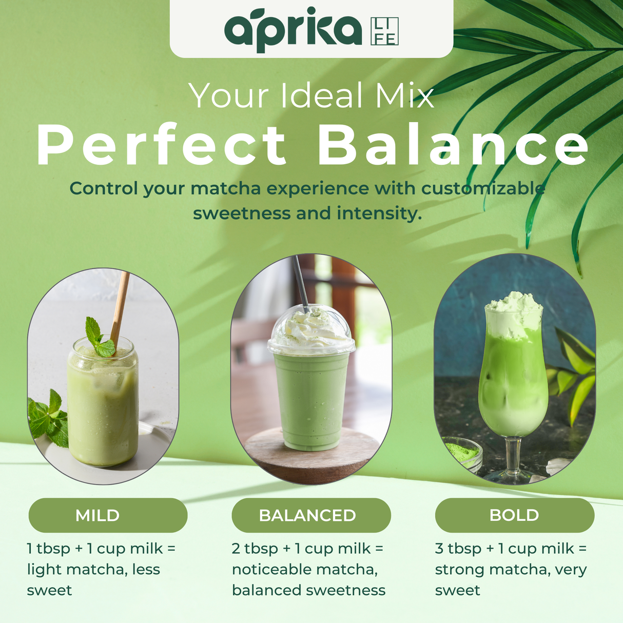 Three matcha drinks—mild, balanced, and bold—feature a green backdrop, highlighting the Ceremonial Grade Matcha Latte Powder Mix with Natural Vanilla Flavor to suit every taste preference and showcase premium matcha richness.