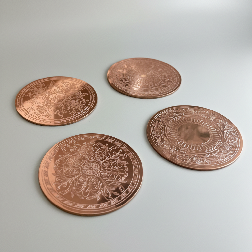 Four copper coasters with intricate designs on a white background