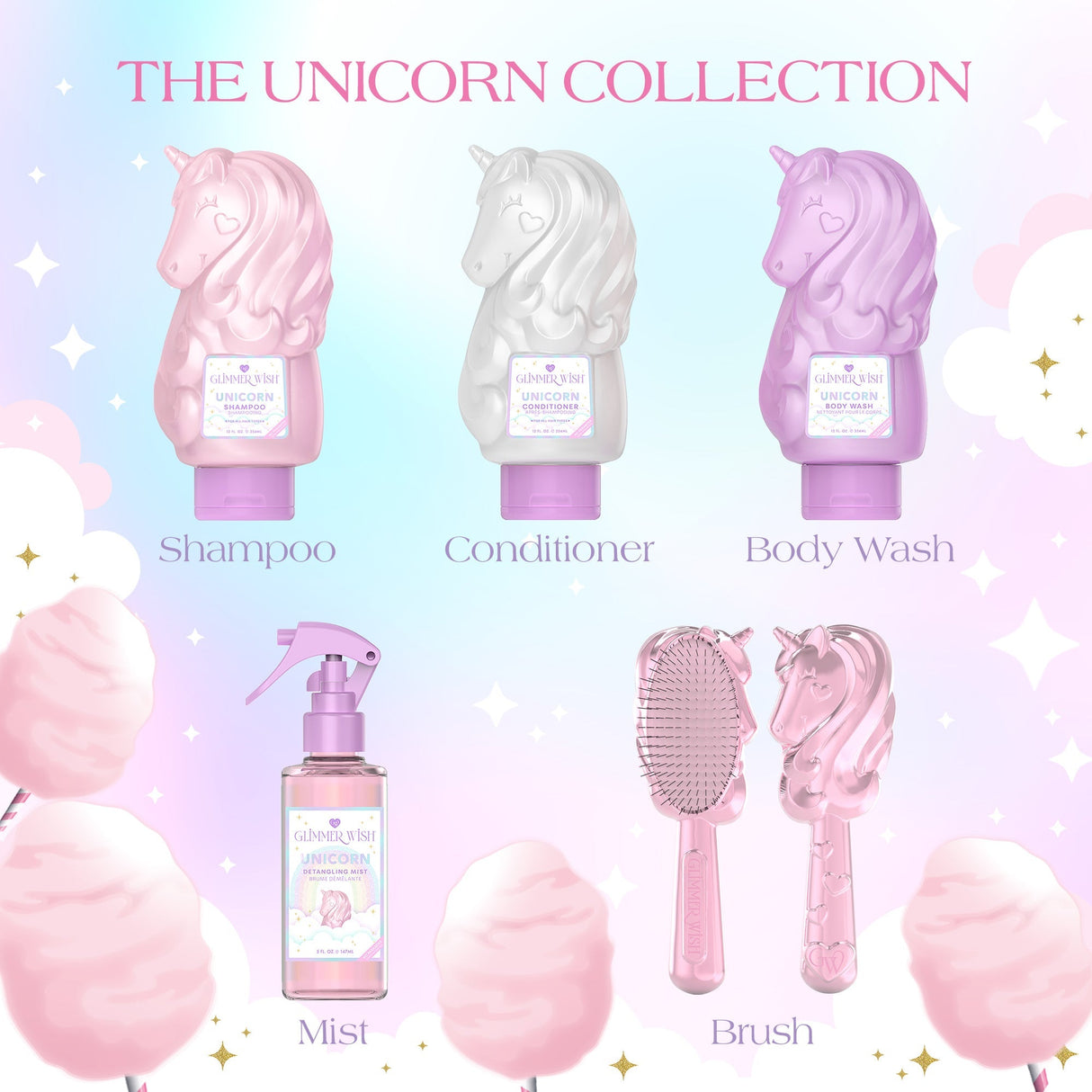 Unicorn-themed bathroom product set including shampoo, conditioner, body wash, mist, brush, and hair dryer on a pastel background.