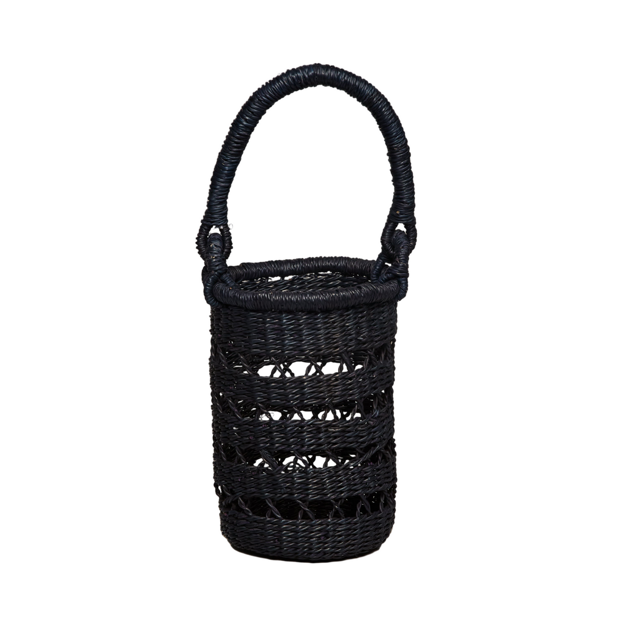 Black woven basket with handles on a white background