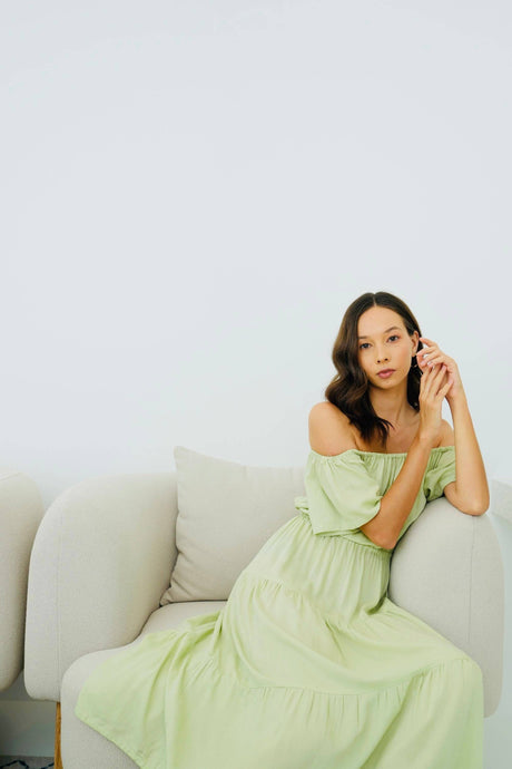 Regina Off-the-shoulder Midi Dress in Pistachio - Sumiye Co