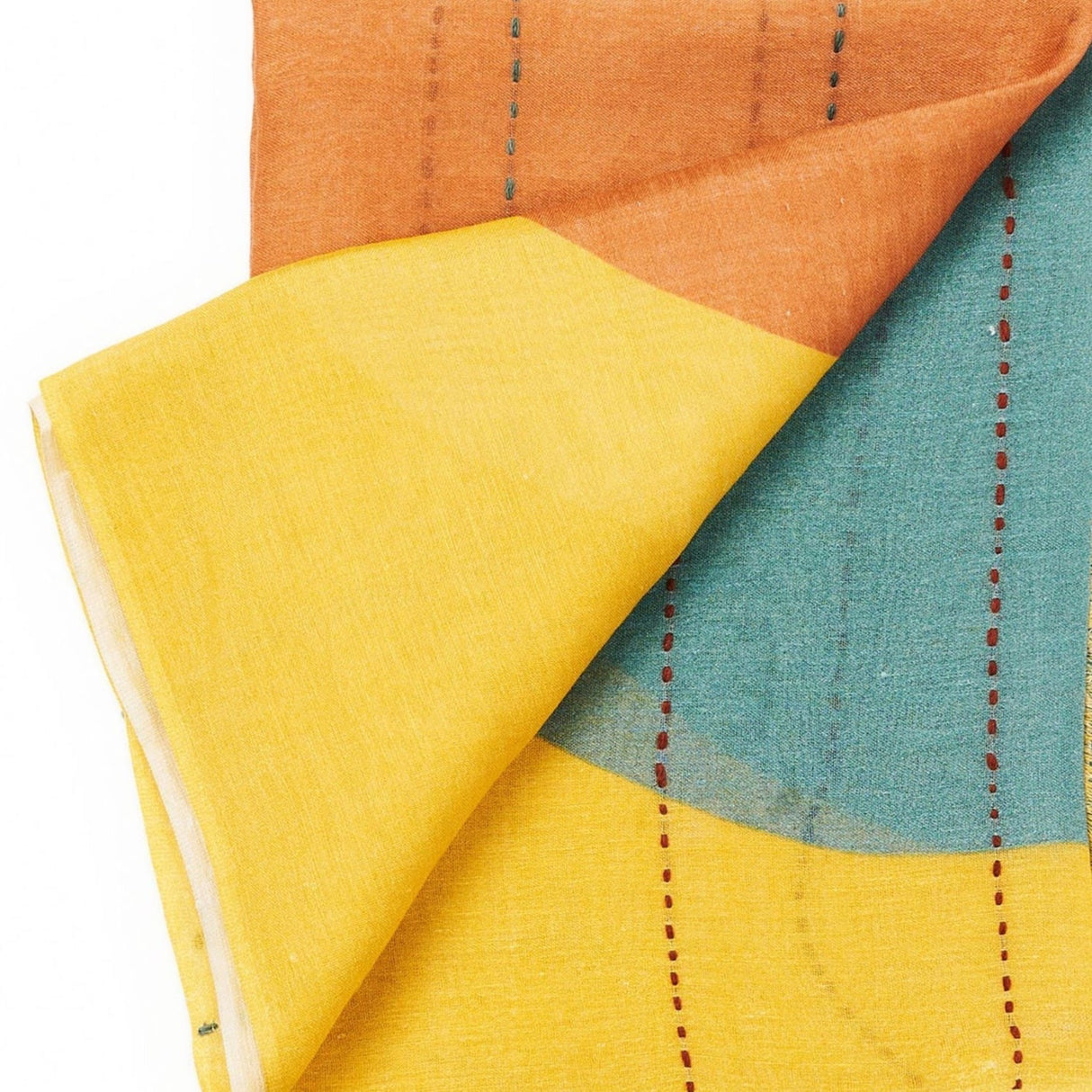 Cirq Sun Yellow Green Circle Pattern Hand Embroidered Linen Silk Handloom Scarf - Sumiye Co
