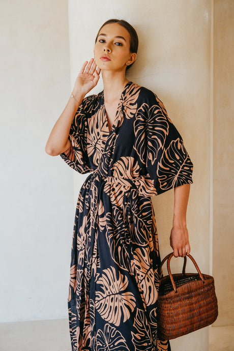 Tropical Palm Leaf Kimono in Black - Sumiye Co
