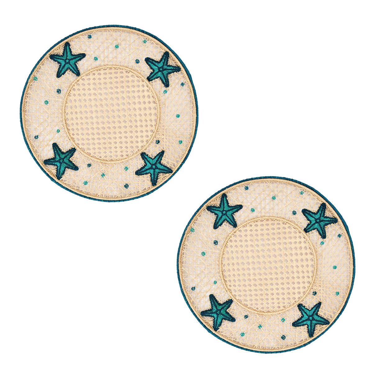 Two round woven placemats with starfish designs on a white background