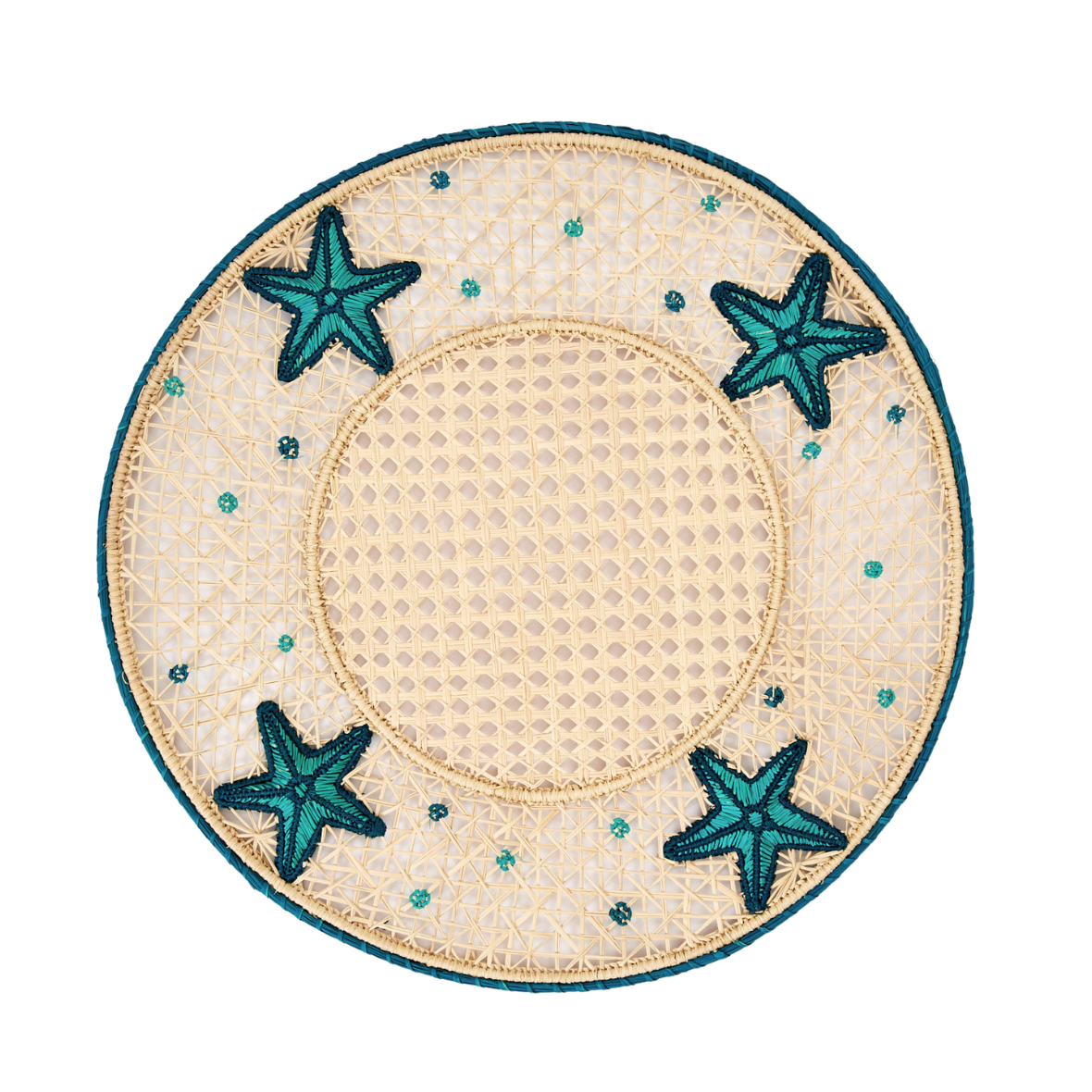 Round woven placemat with starfish designs on a white background