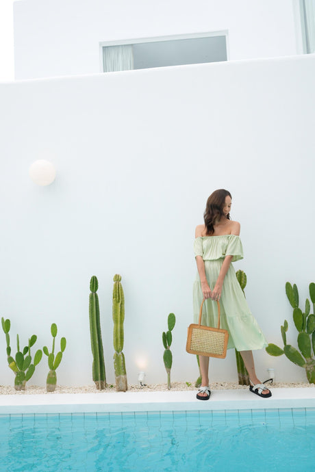 Regina Off-the-shoulder Midi Dress in Pistachio - Sumiye Co