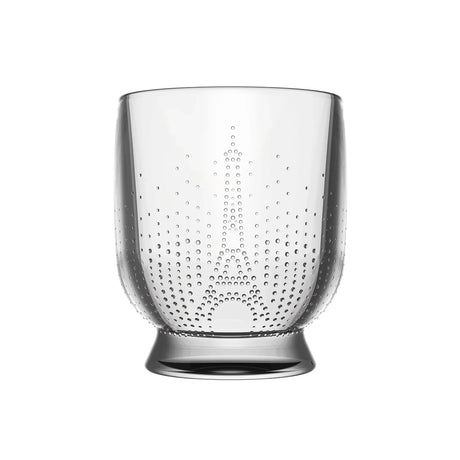 The La Rochere Parisienne Tumbler Set of 4 features clear glass with a textured surface and raised dot Eiffel Tower pattern, embodying French elegance ideal for savoring fine spirits.