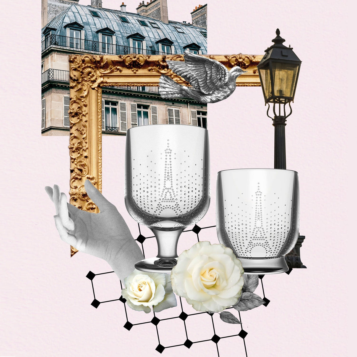 The La Rochere Parisienne Tumbler Set of 4 features an artistic collage with Eiffel Tower glasses, a hand holding decorated tumblers, roses, a gold frame, a pigeon, a lamp, and Parisian buildings—capturing French elegance.