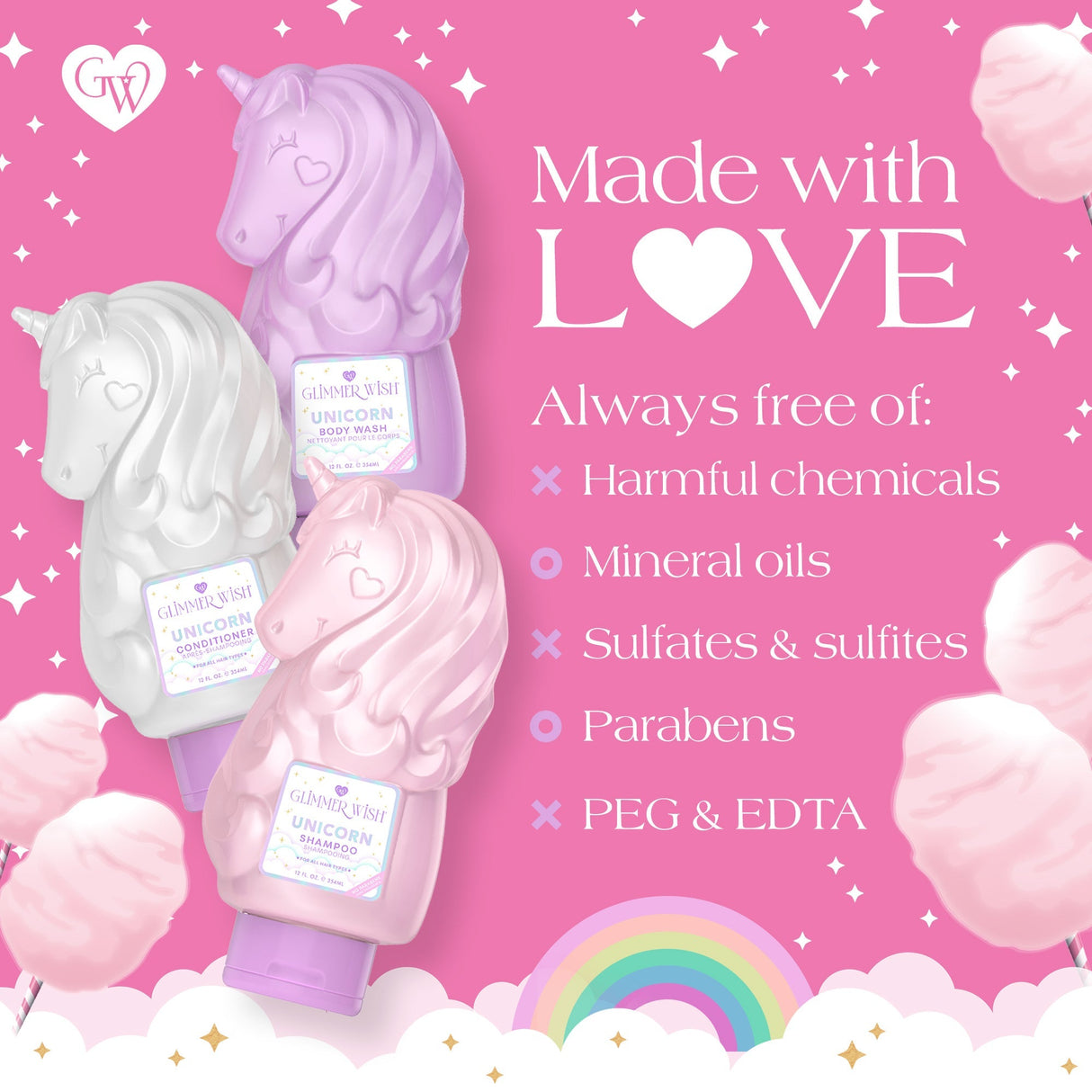 Unicorn-shaped bath bombs on a pink background with text about product ingredients.