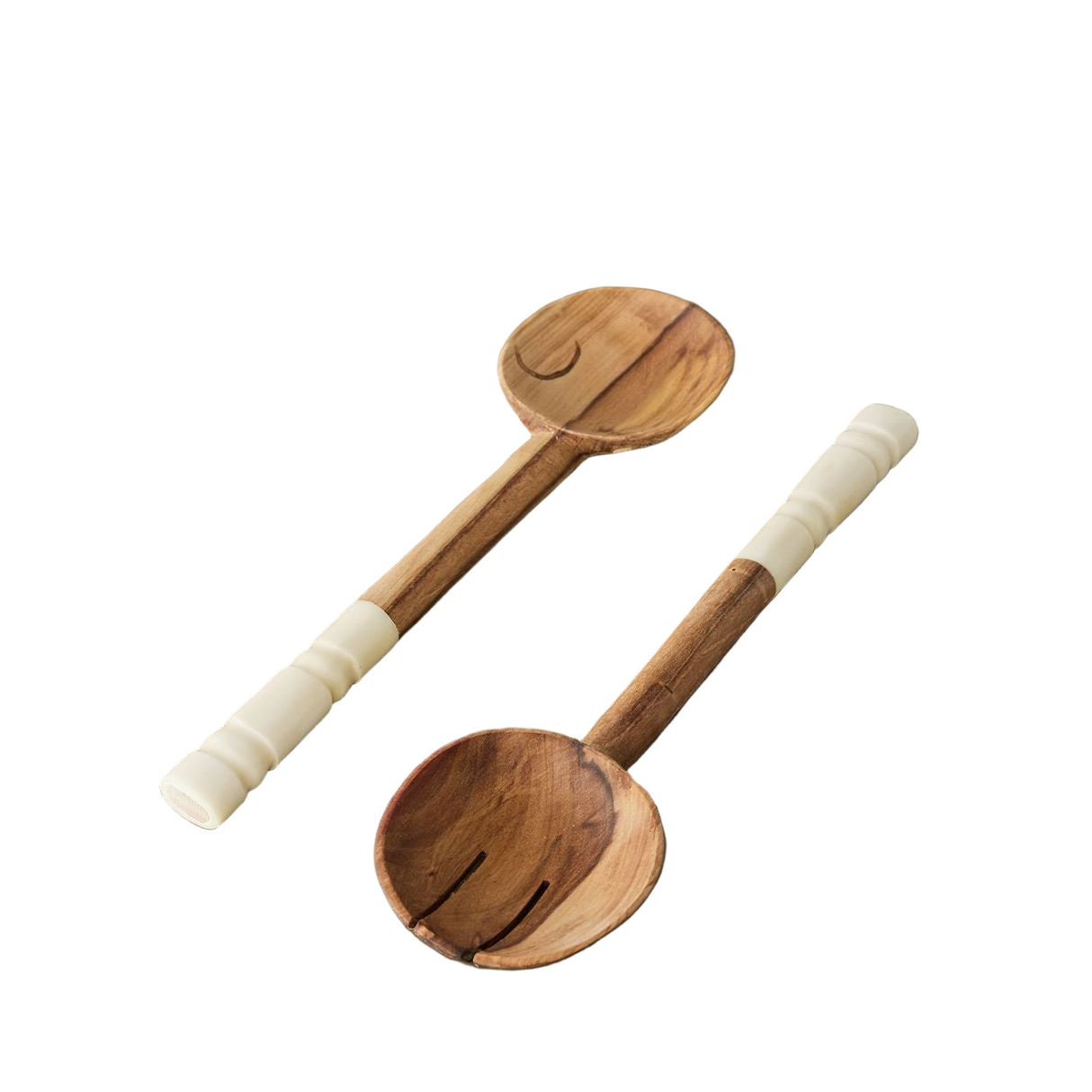 Two wooden ladles with white handles on a white background