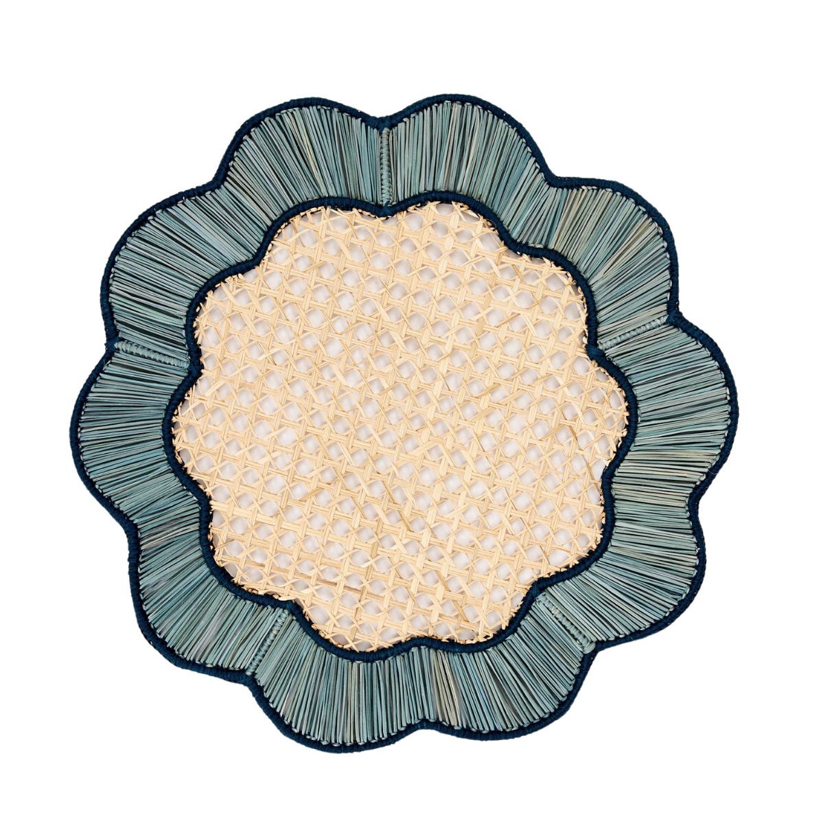 Decorative placemat with textured green rim and beige center on a white background