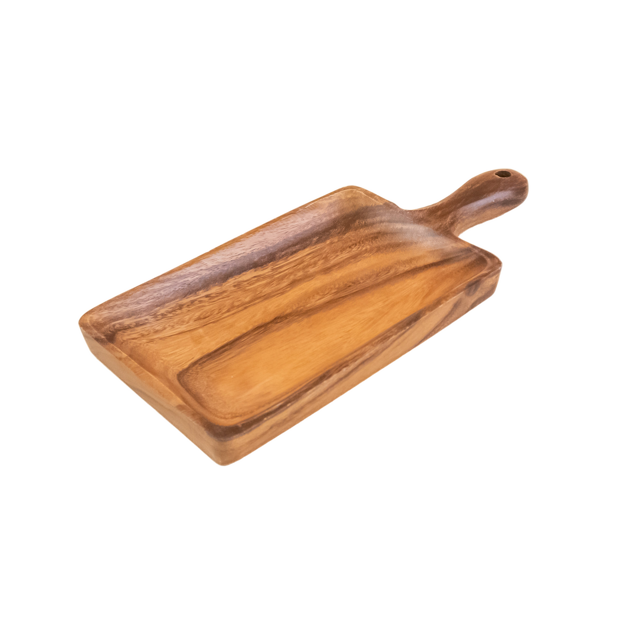 Wooden serving board with handle on a white background