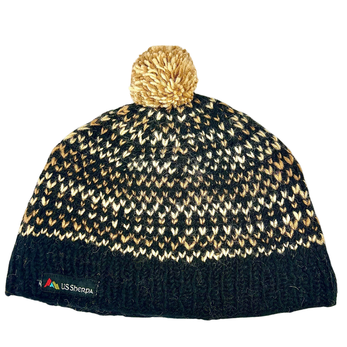 Black and gold knitted beanie with pom-pom on a white background