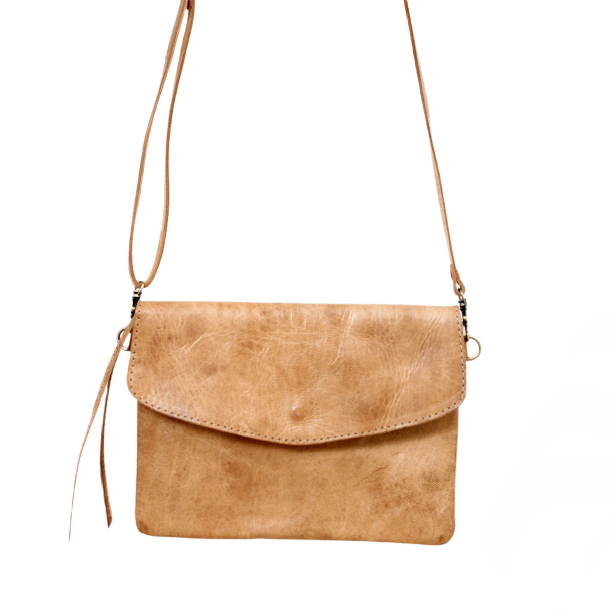 Brown leather crossbody bag on a white background