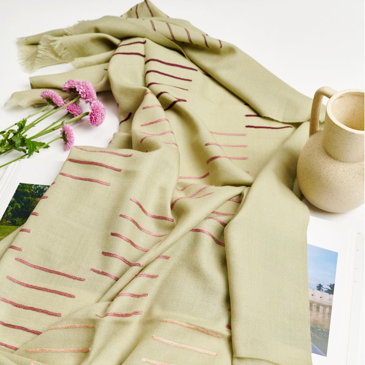 Sea Salt Pastel Green Hand Woven Hand Embroidered Silk Merino Classic Scarf - Sumiye Co