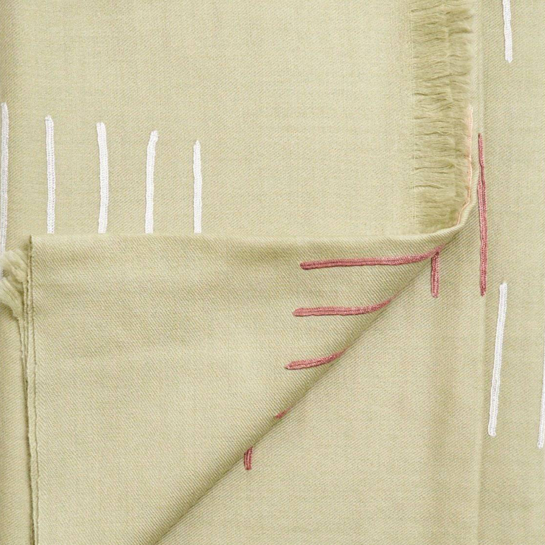 Close-up of a light green fabric with white and red embroidery