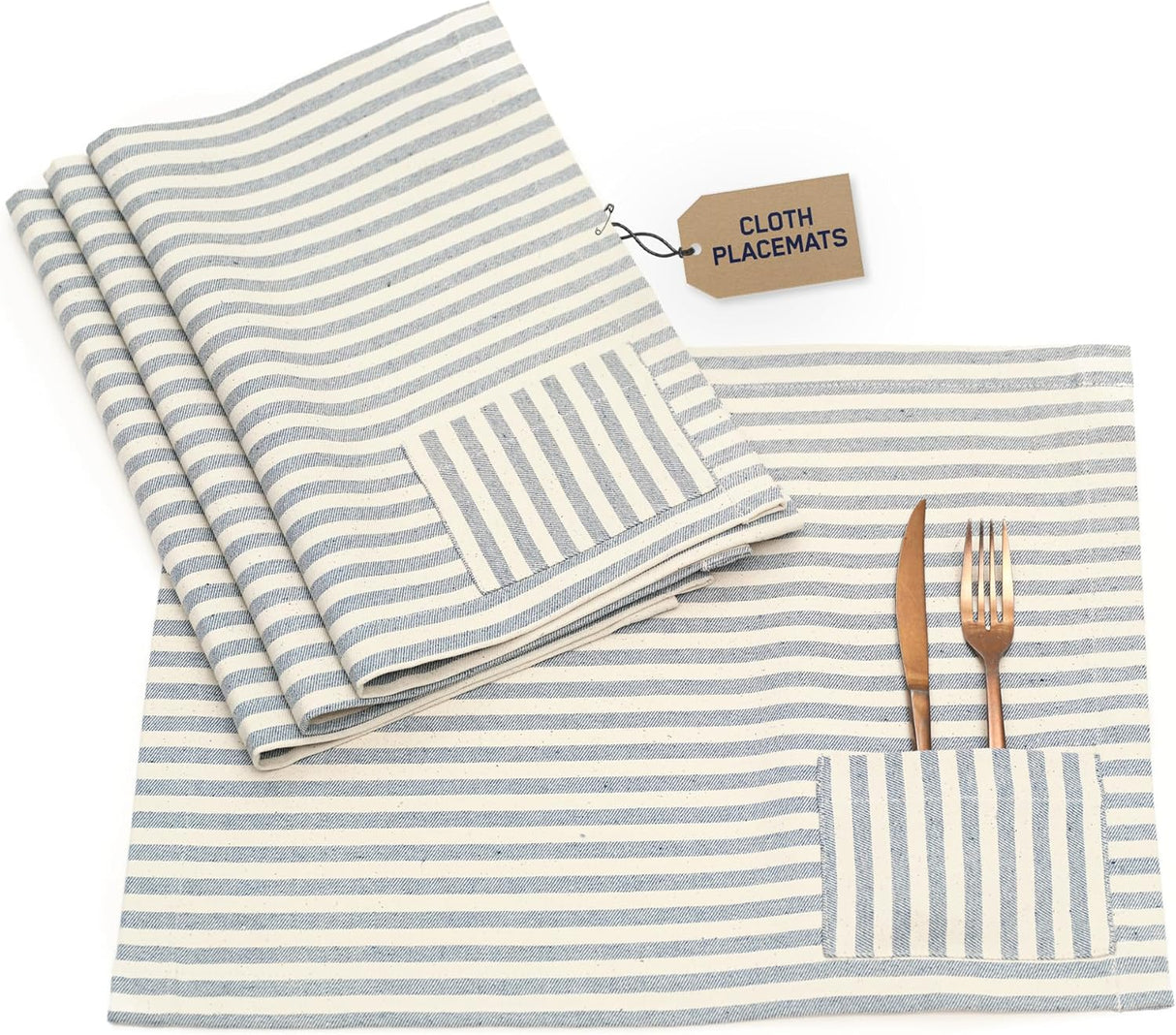 Set of striped cloth placemats with cutlery on a white background