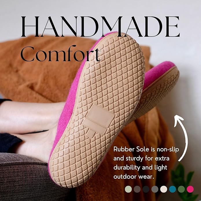 Handmade comfort shoes with pink uppers and beige soles, sitting on a brown surface.